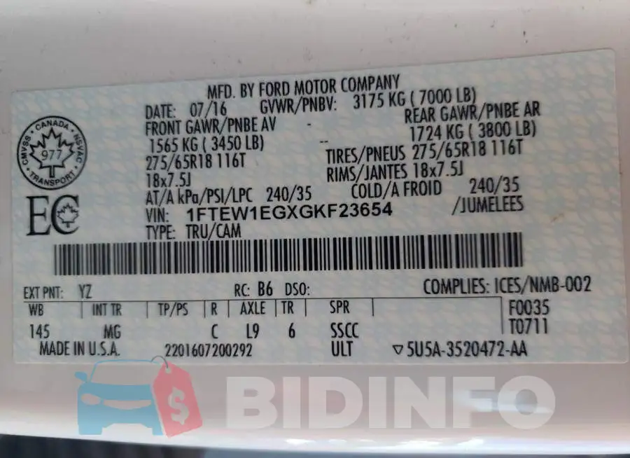 1FTEW1EGXGKF23654 Photo# 10