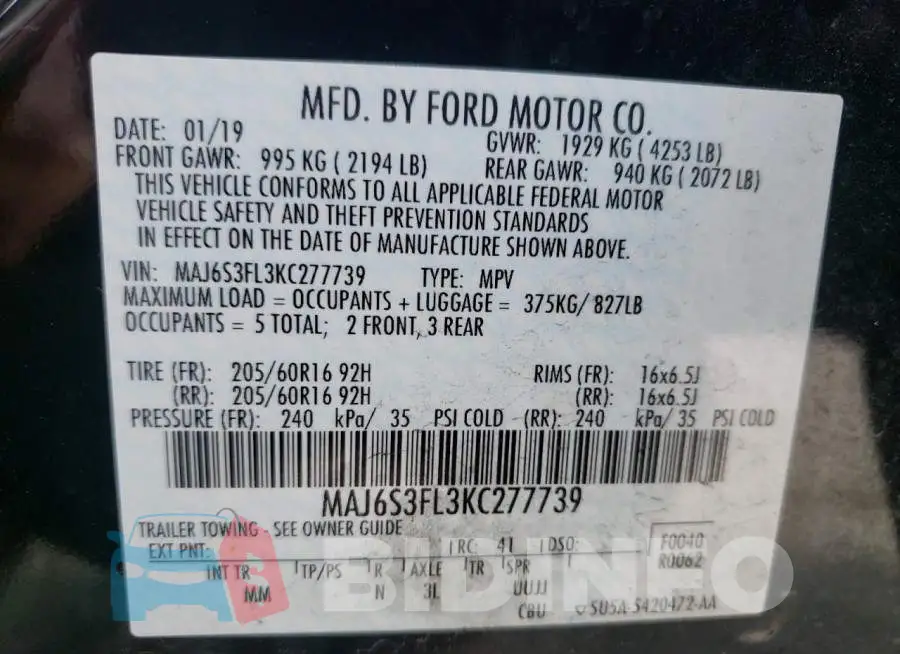 MAJ6S3FL3KC277739 Photo# 10