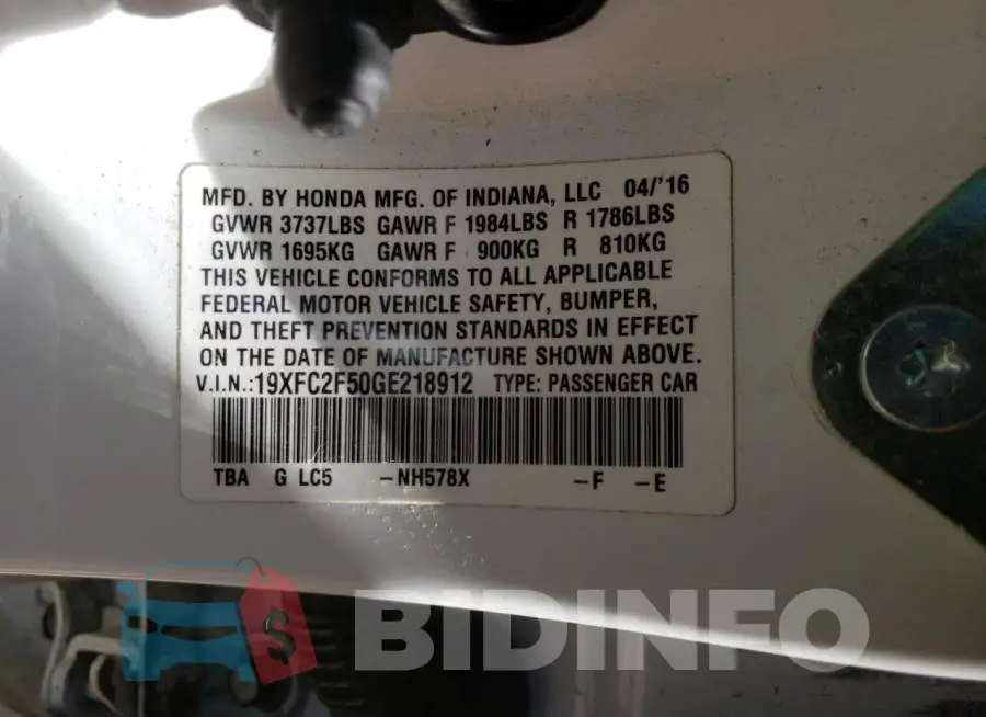 19XFC2F50GE218912 Photo# 10