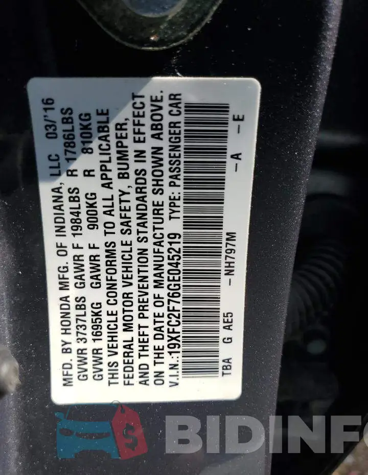 19XFC2F76GE045219 Photo# 10