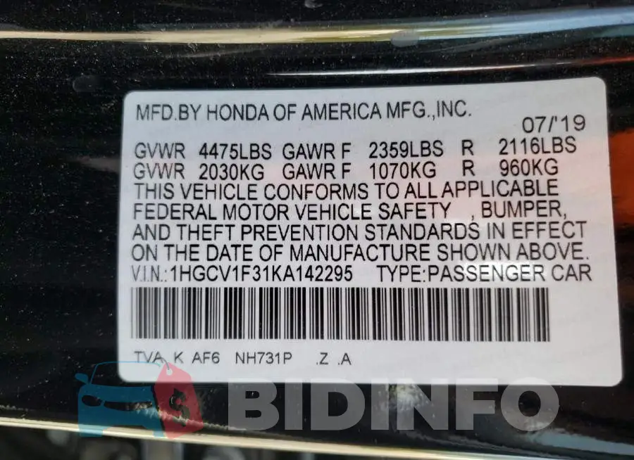 1HGCV1F31KA142295 Photo# 10