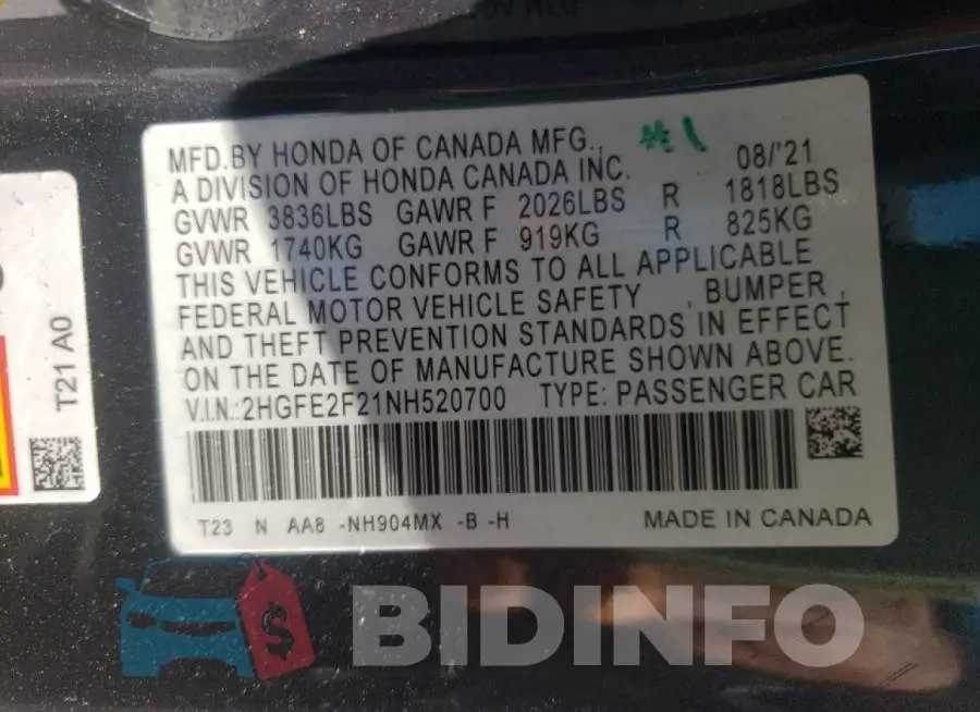 2HGFE2F21NH520700 Photo# 10