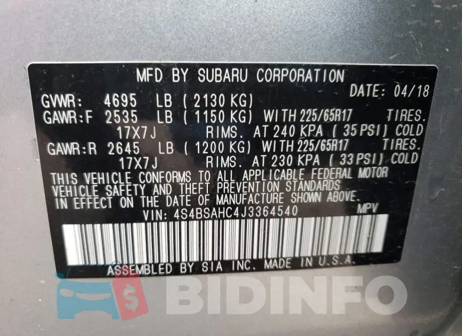 4S4BSAHC4J3364540 Photo# 10