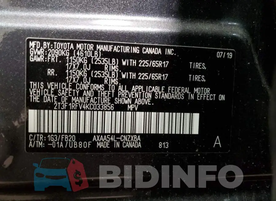 2T3F1RFV4KC033856 Photo# 10