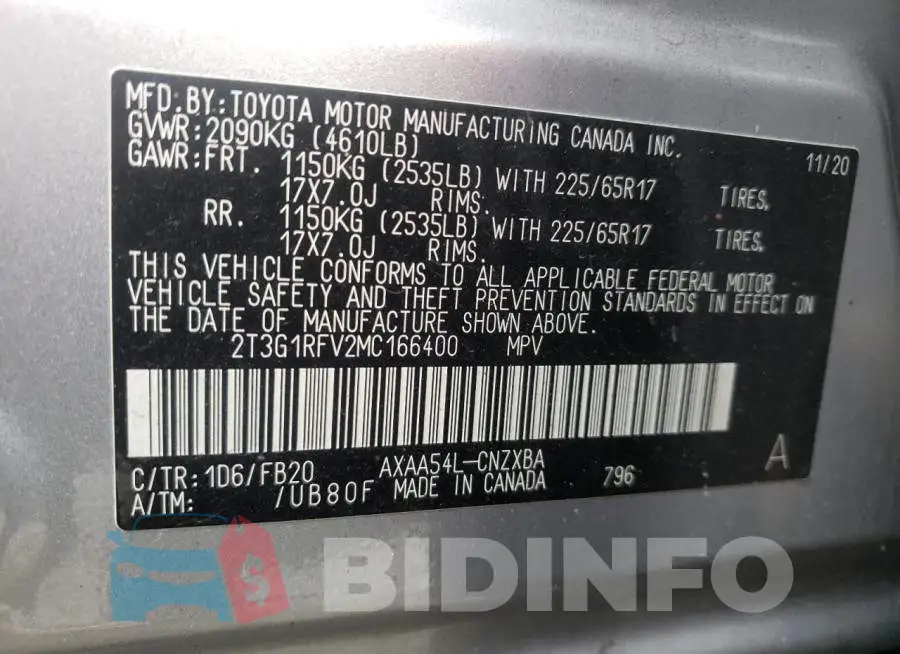 2T3G1RFV2MC166400 Photo# 10