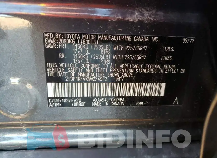 2T3P1RFVXNW274912 Photo# 10
