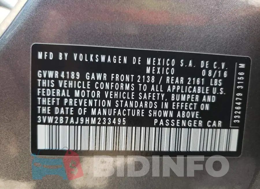 3VW2B7AJ9HM233495 Photo# 10