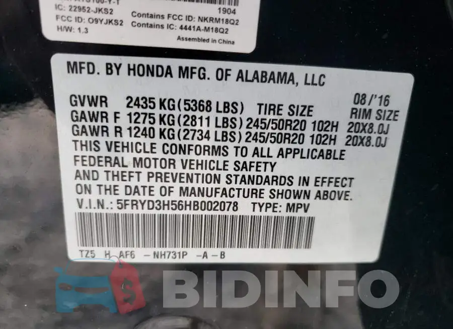 5FRYD3H56HB002078 Photo# 10