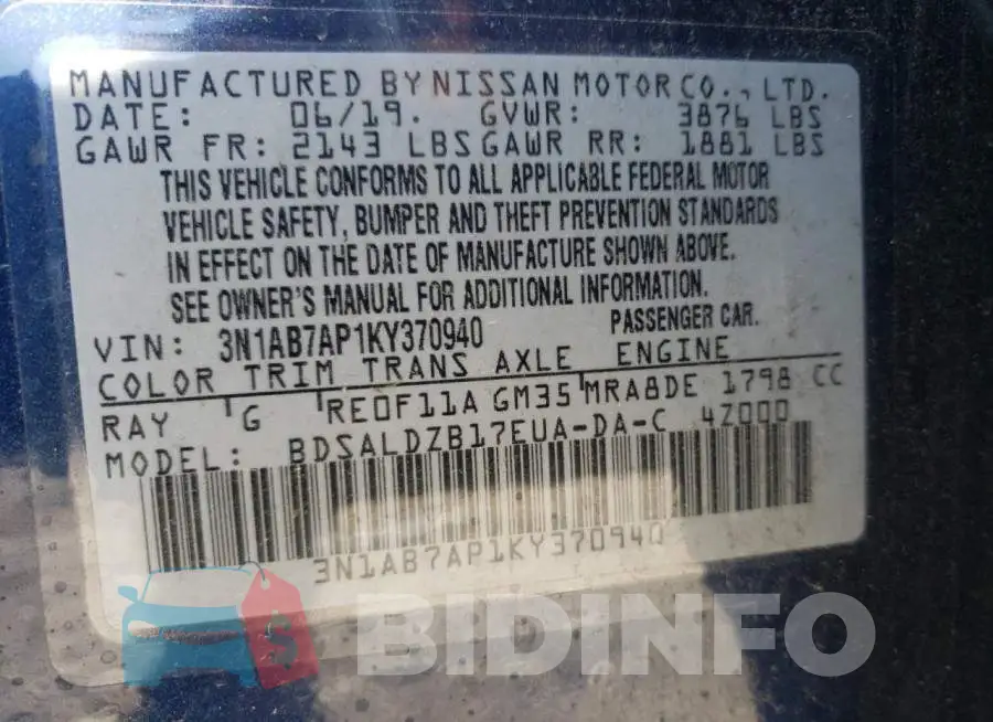 3N1AB7AP1KY370940 Photo# 10