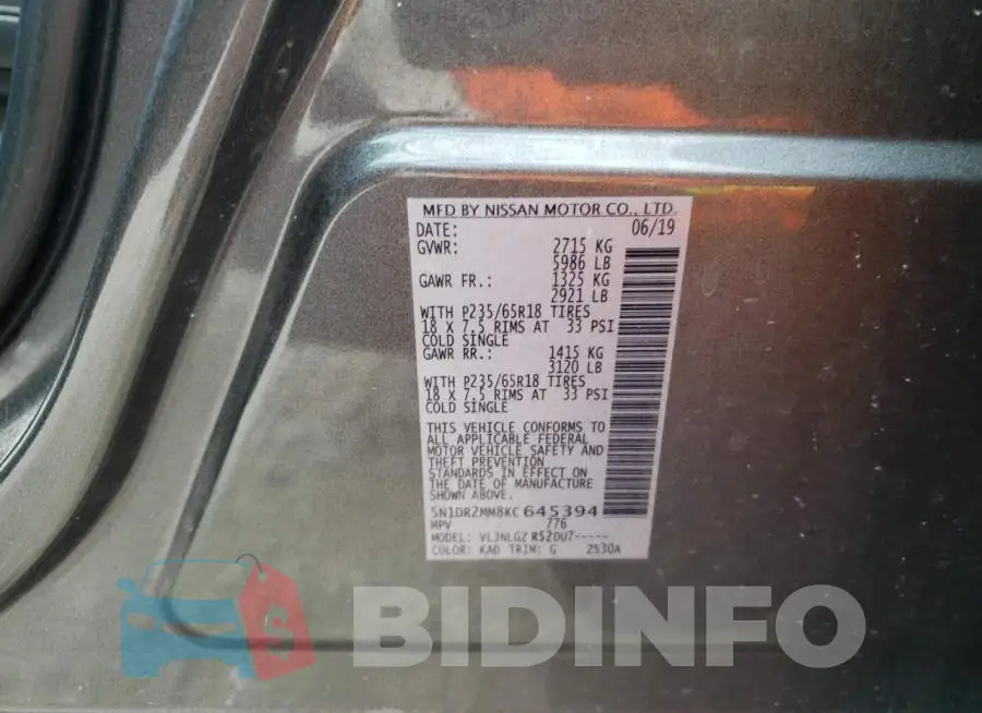 5N1DR2MM8KC645394 Photo# 10