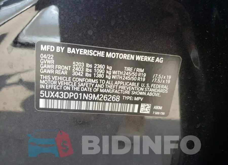 5UX43DP01N9M26268 Photo# 10