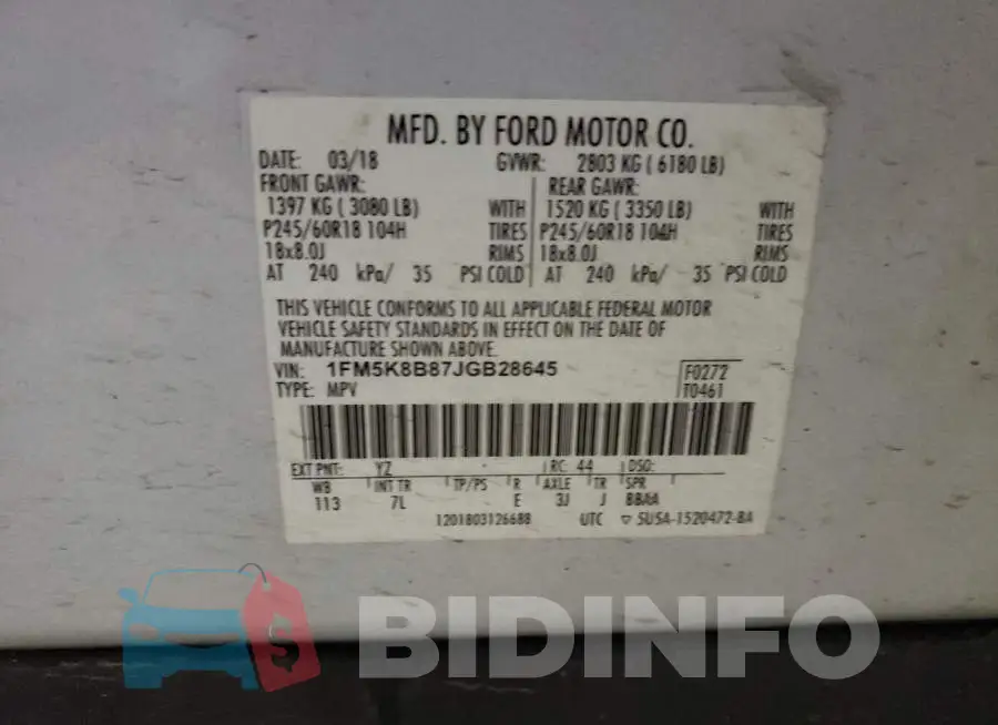 1FM5K8B87JGB28645 Photo# 10