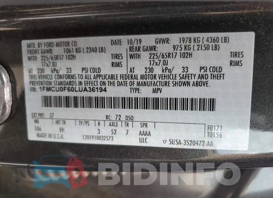 1FMCU0F60LUA36194 Photo# 10