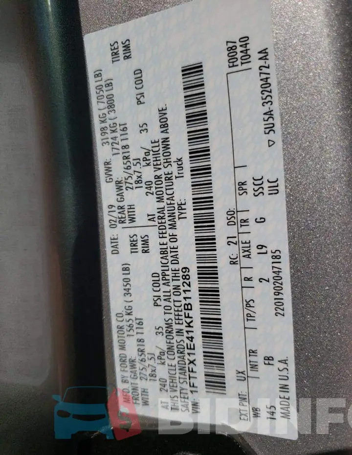 1FTFX1E41KFB11289 Photo# 10