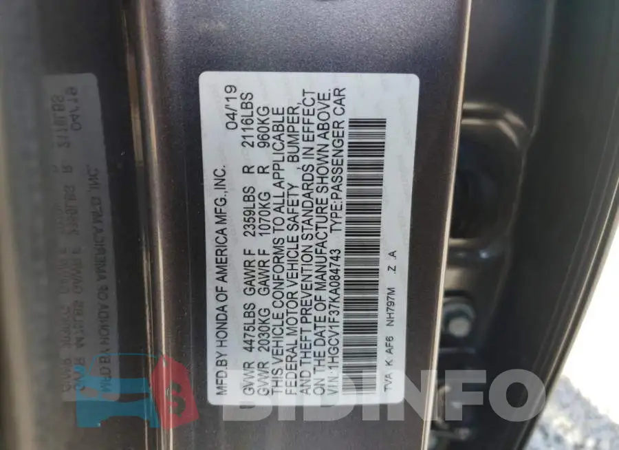 1HGCV1F37KA084743 Photo# 10