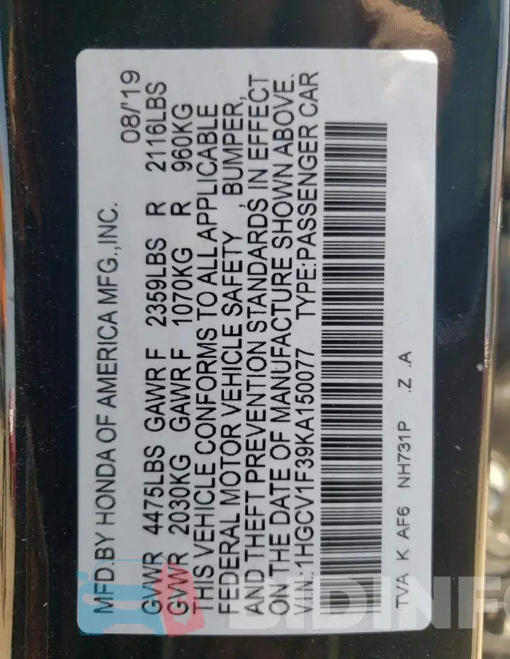 1HGCV1F39KA150077 Photo# 10