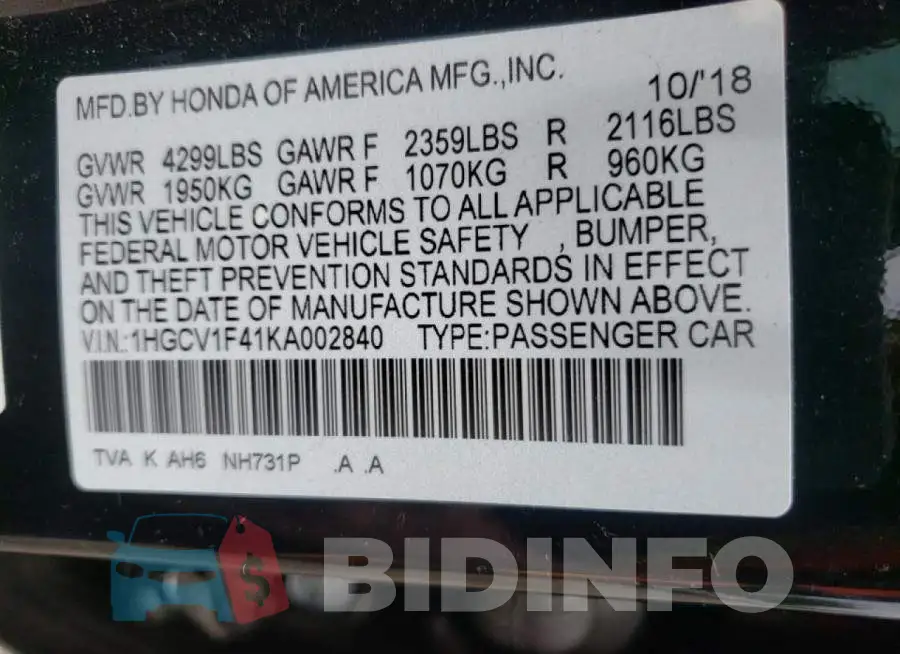 1HGCV1F41KA002840 Photo# 10