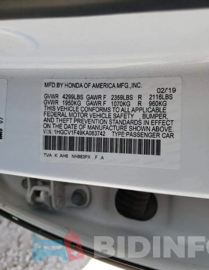 1HGCV1F49KA063742 Photo# 10