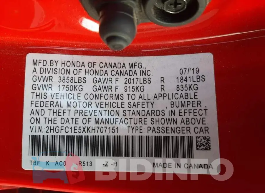 2HGFC1E5XKH707151 Photo# 10