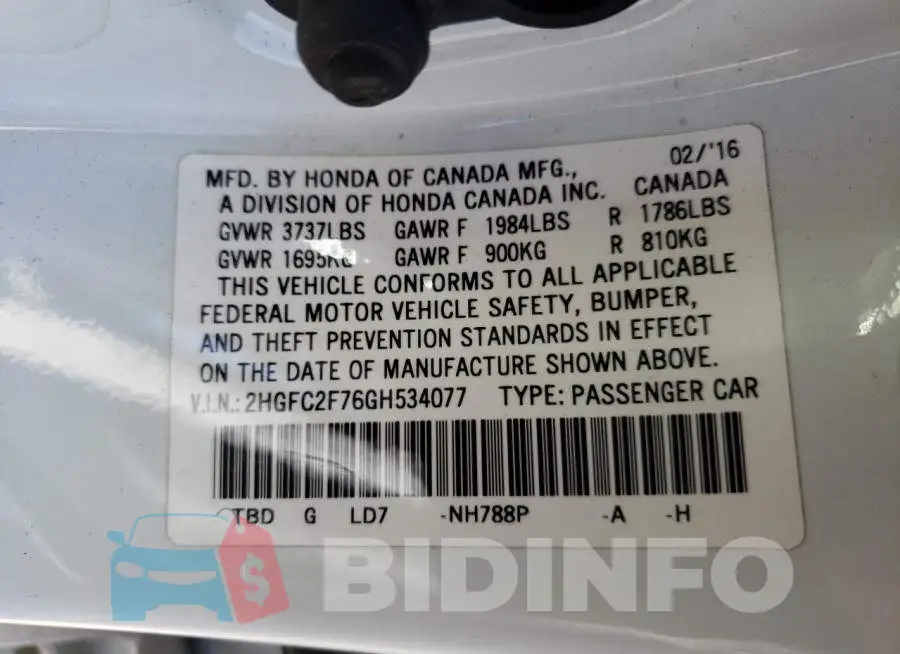2HGFC2F76GH534077 Photo# 10