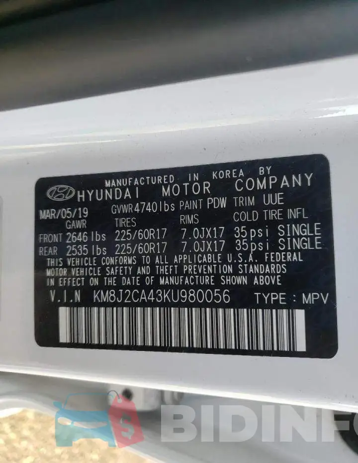 KM8J2CA43KU980056 Photo# 10