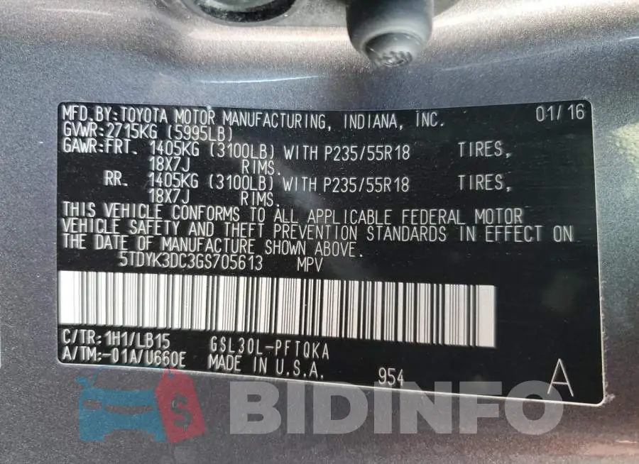 5TDYK3DC3GS705613 Photo# 10