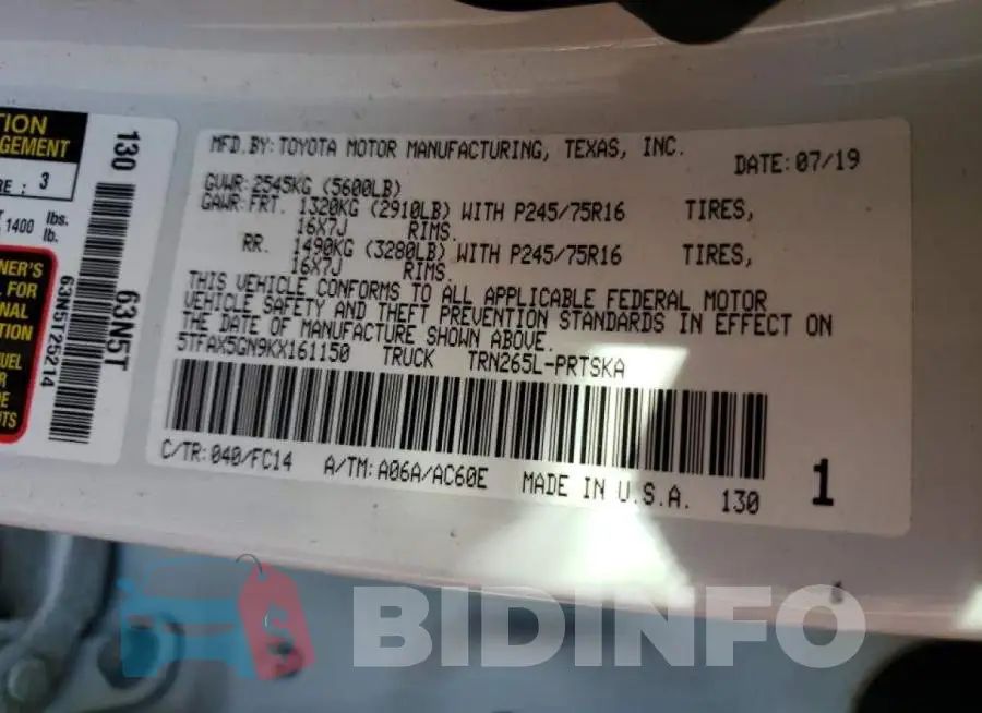 5TFAX5GN9KX161150 Photo# 10