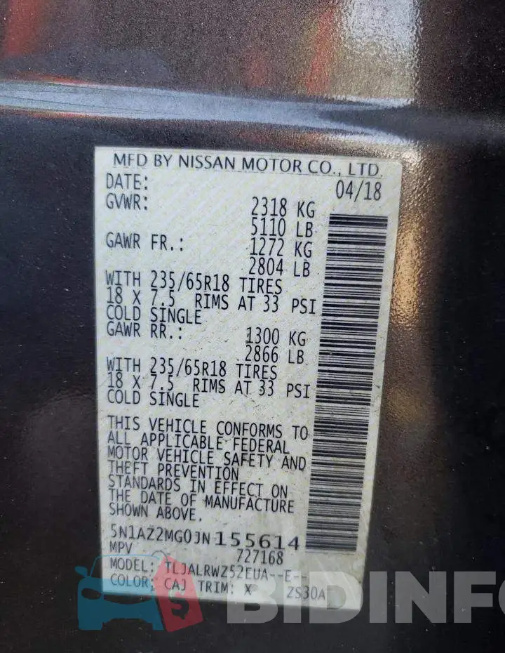 5N1AZ2MG0JN155614 Photo# 10