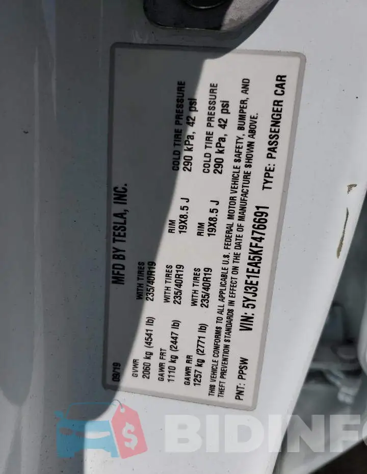 5YJ3E1EA5KF476691 Photo# 10