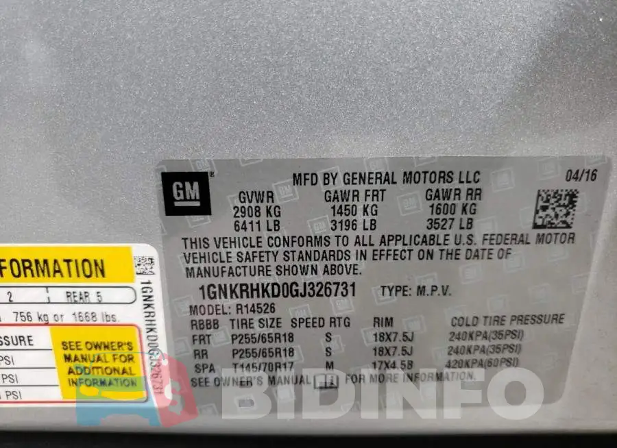 1GNKRHKD0GJ326731 Photo# 10