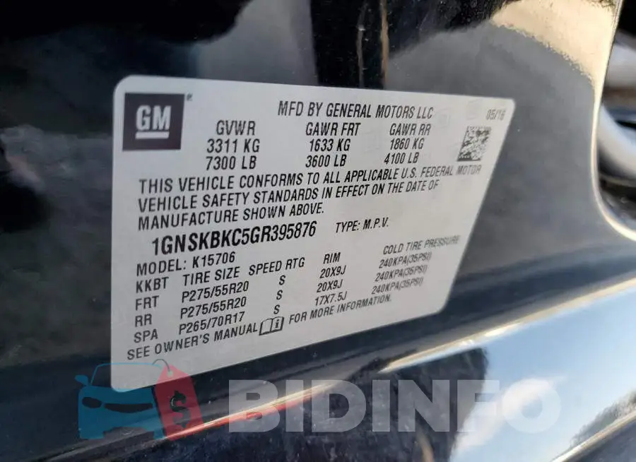 1GNSKBKC5GR395876 Photo# 10
