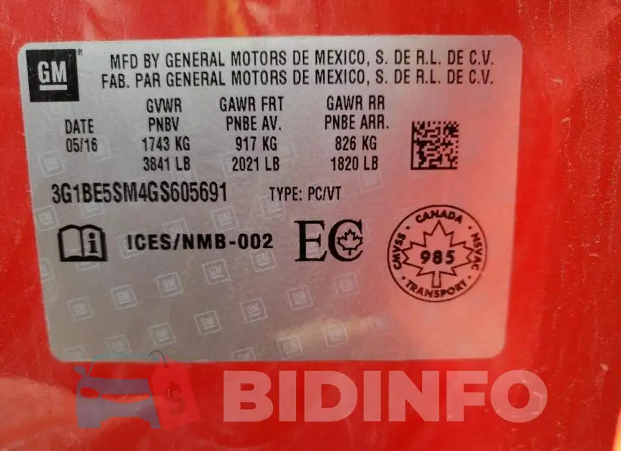 3G1BE5SM4GS605691 Photo# 10