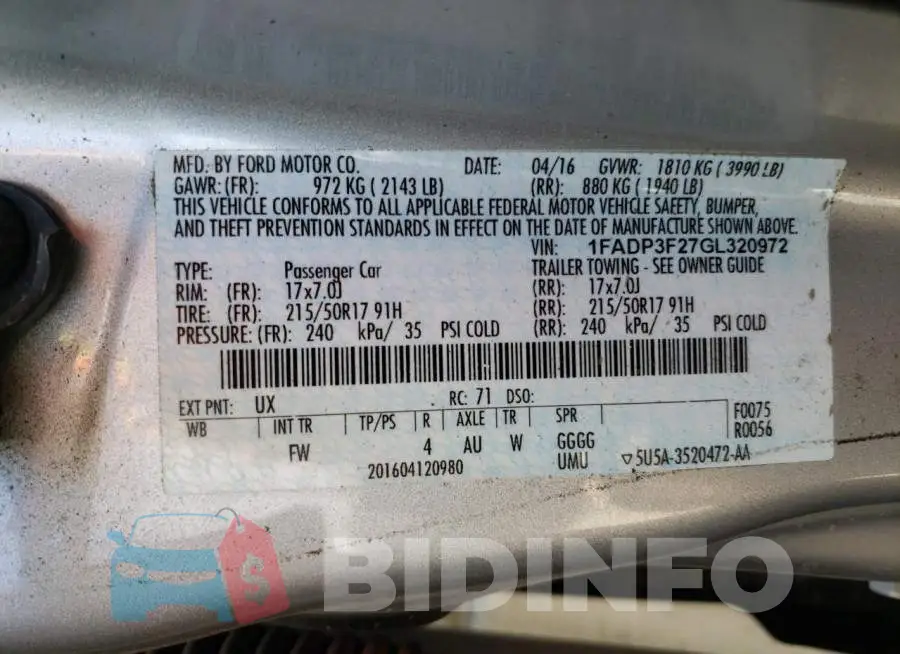 1FADP3F27GL320972 Photo# 10