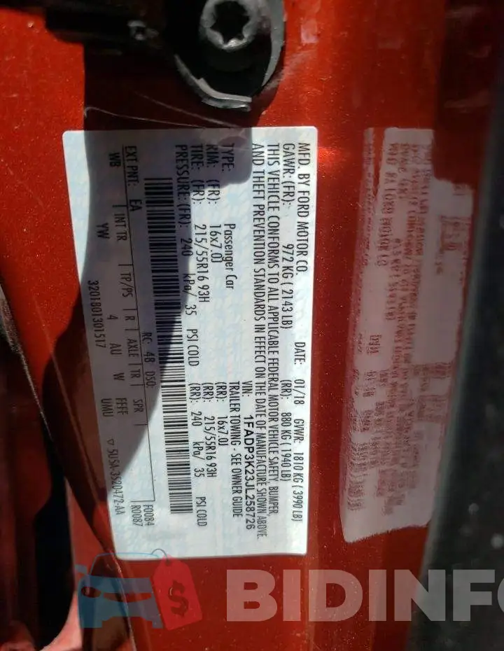 1FADP3K23JL258726 Photo# 10