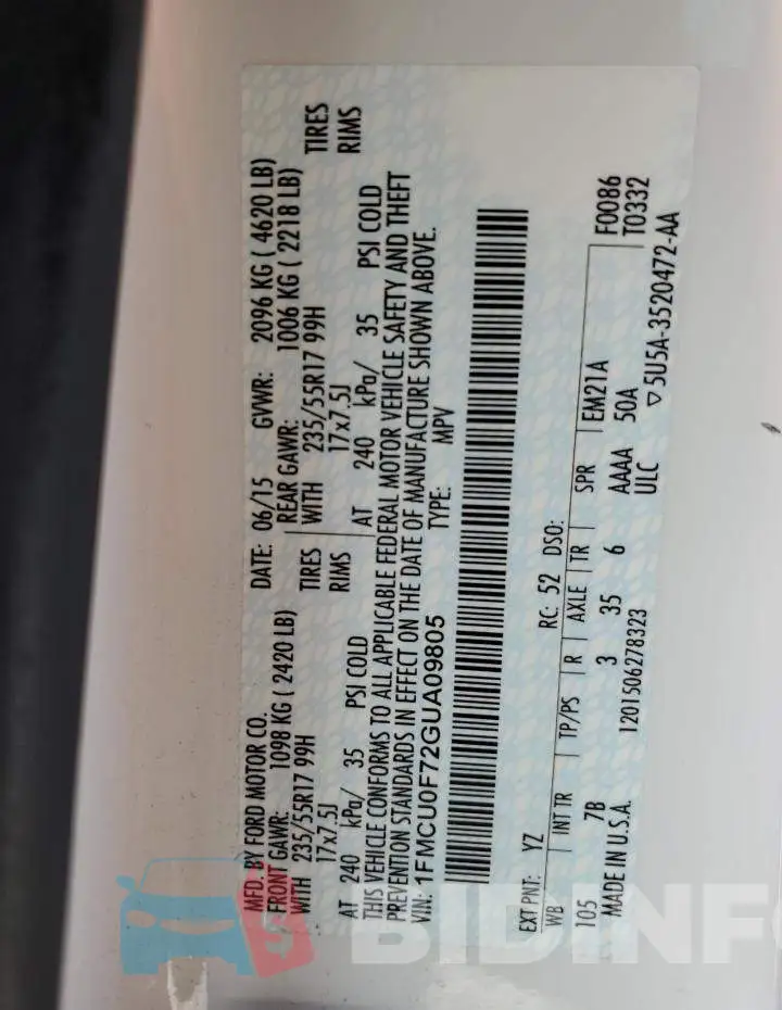 1FMCU0F72GUA09805 Photo# 10