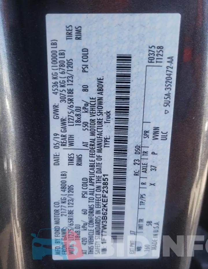 1FT7W3B62KEF23851 Photo# 10