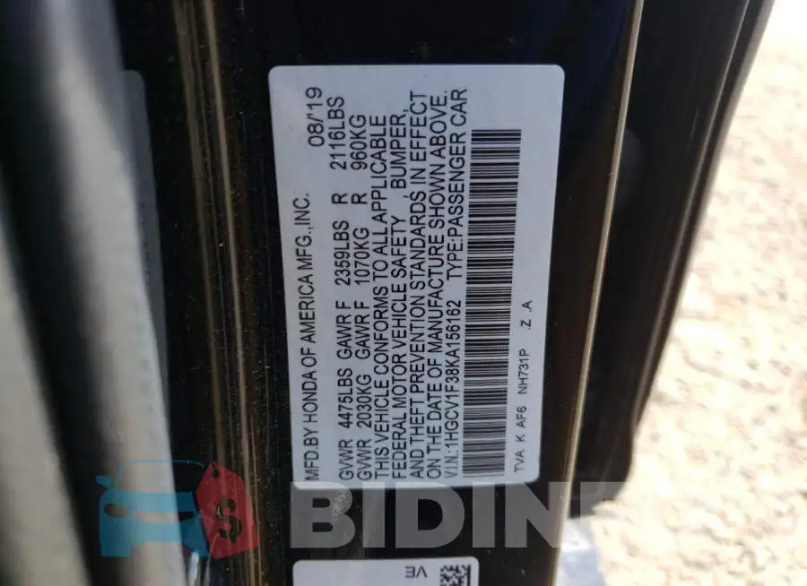 1HGCV1F38KA156162 Photo# 10