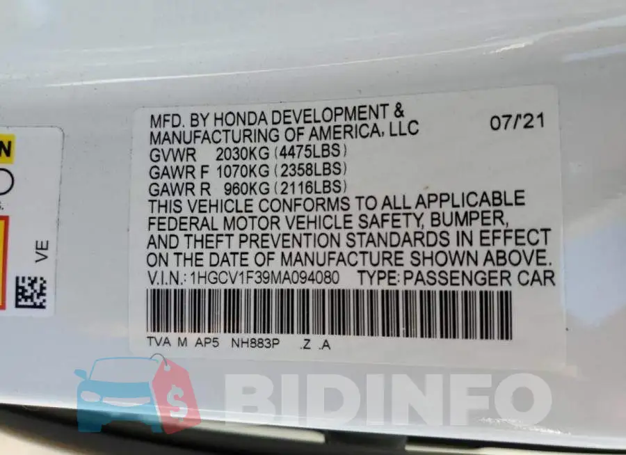 1HGCV1F39MA094080 Photo# 10
