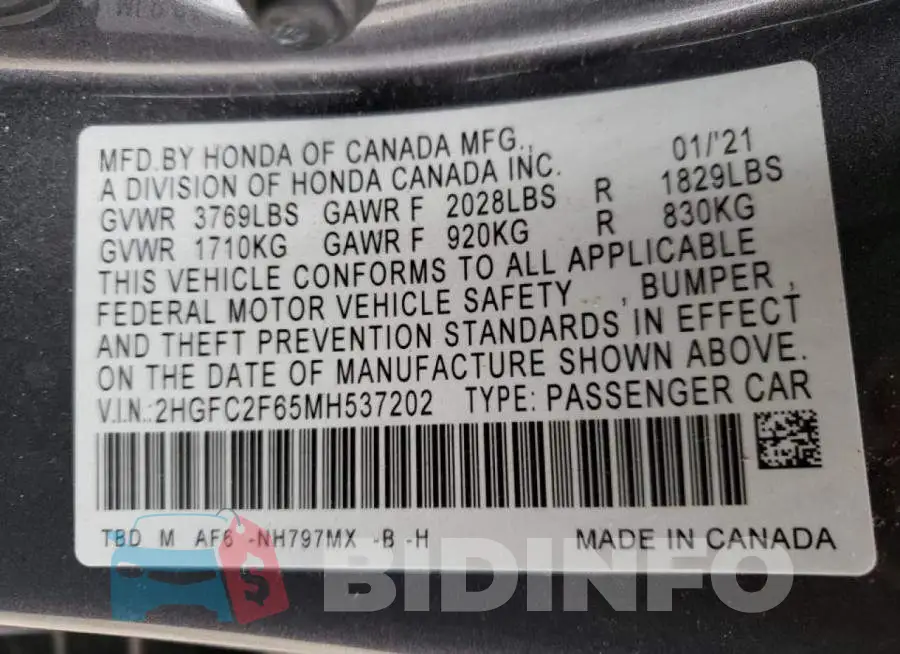 2HGFC2F65MH537202 Photo# 10