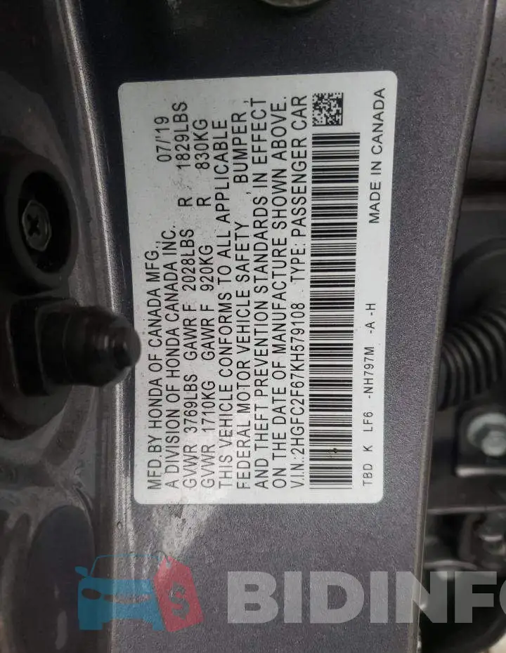 2HGFC2F67KH579108 Photo# 10