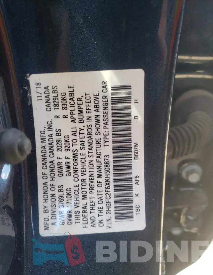 2HGFC2F6XKH508873 Photo# 10