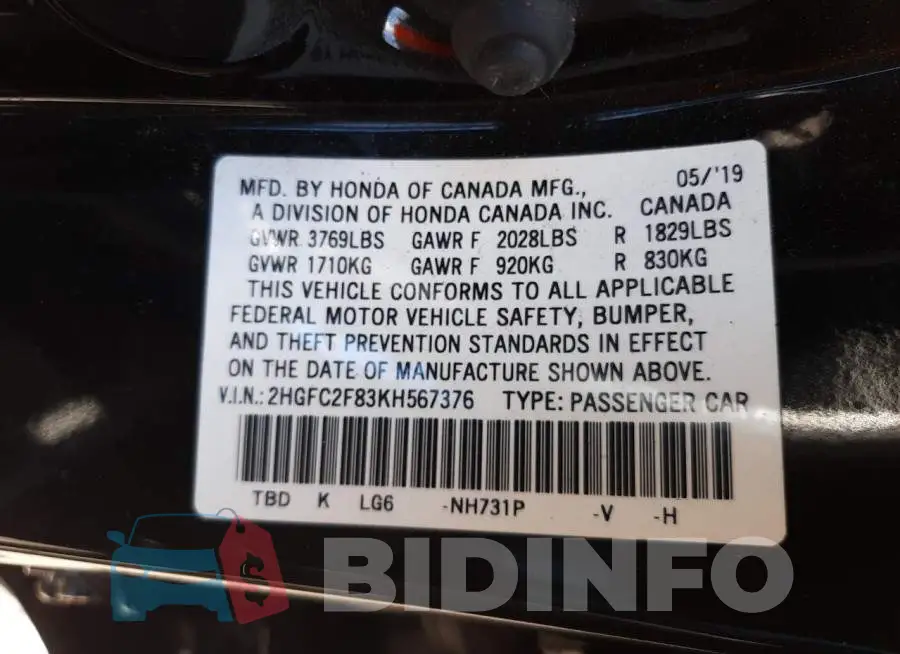 2HGFC2F83KH567376 Photo# 10