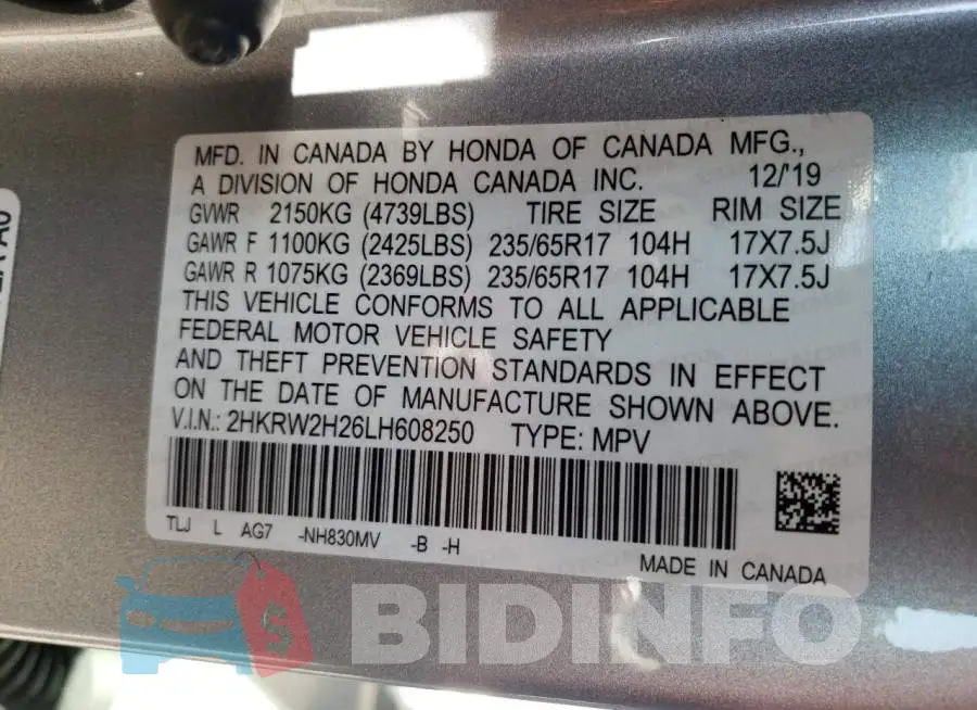 2HKRW2H26LH608250 Photo# 10