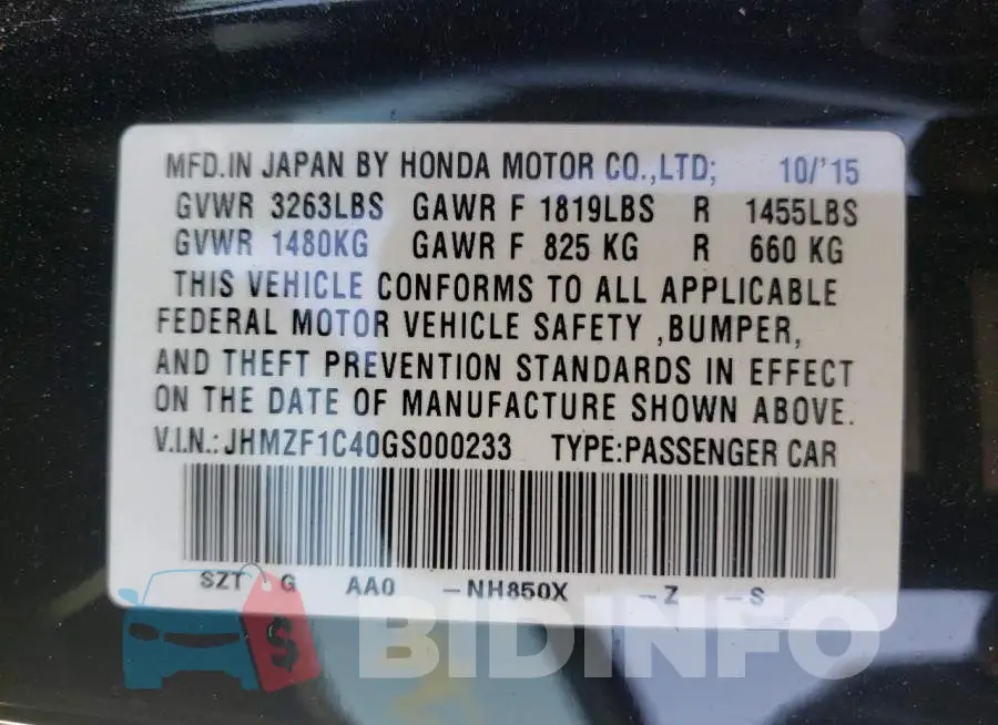 JHMZF1C40GS000233 Photo# 10