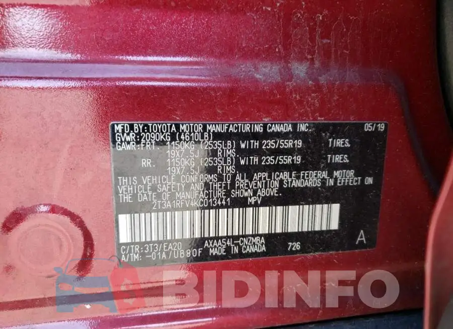 2T3A1RFV4KC013441 Photo# 10