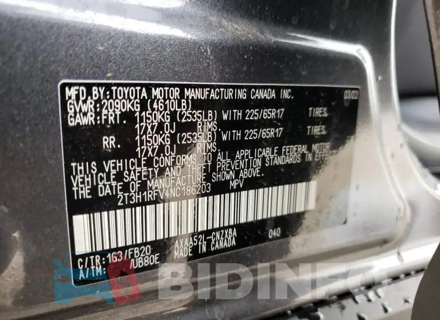 2T3H1RFV4NC186203 Photo# 10
