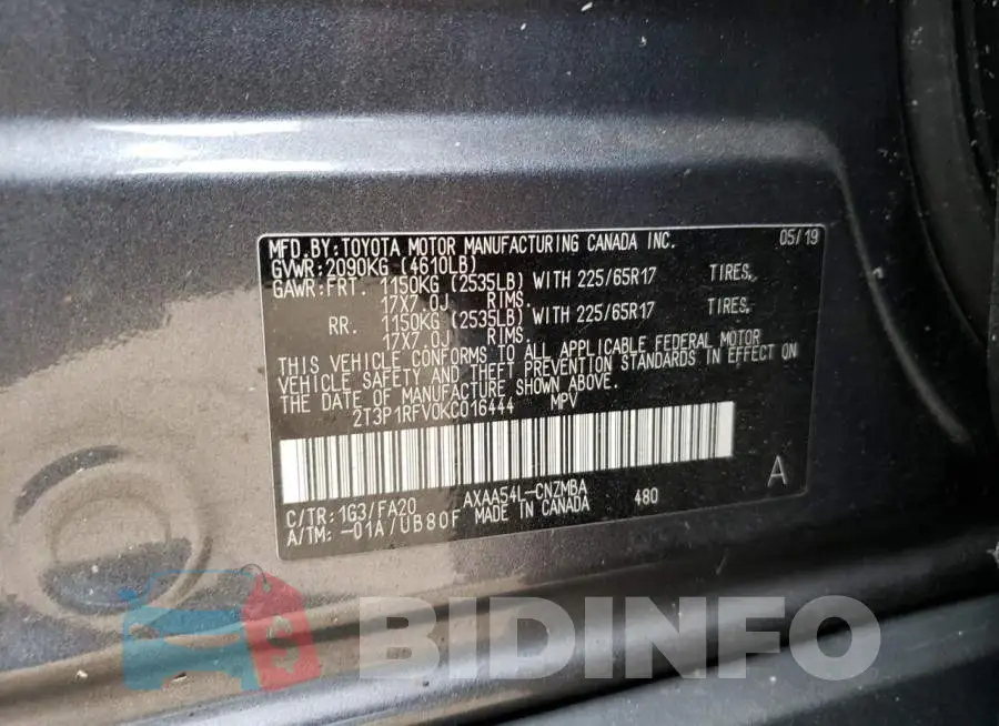 2T3P1RFV0KC016444 Photo# 10