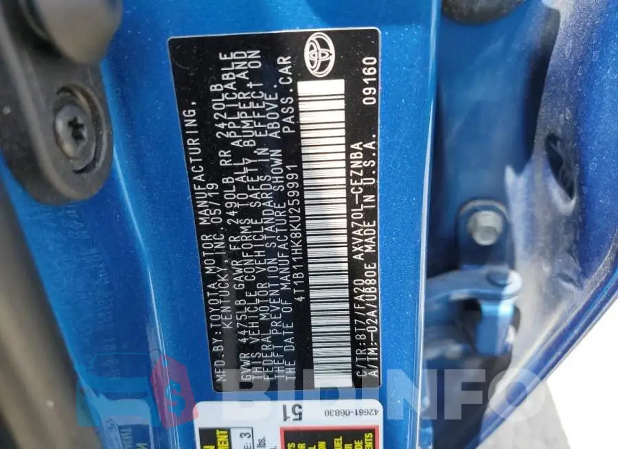 4T1B11HK8KU259991 Photo# 10