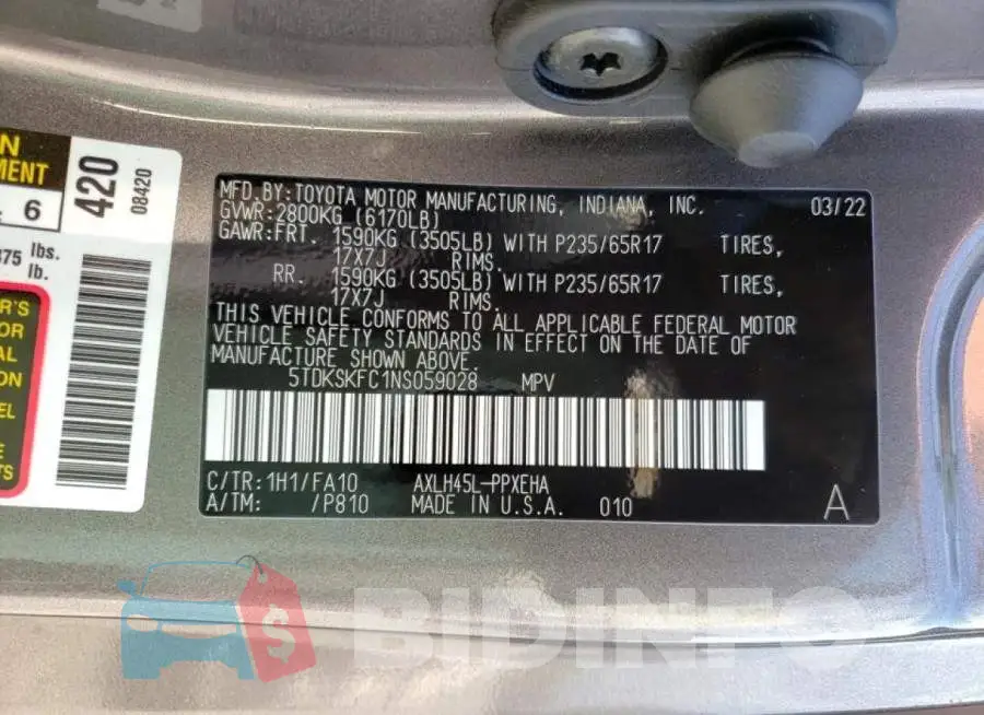 5TDKSKFC1NS059028 Photo# 10