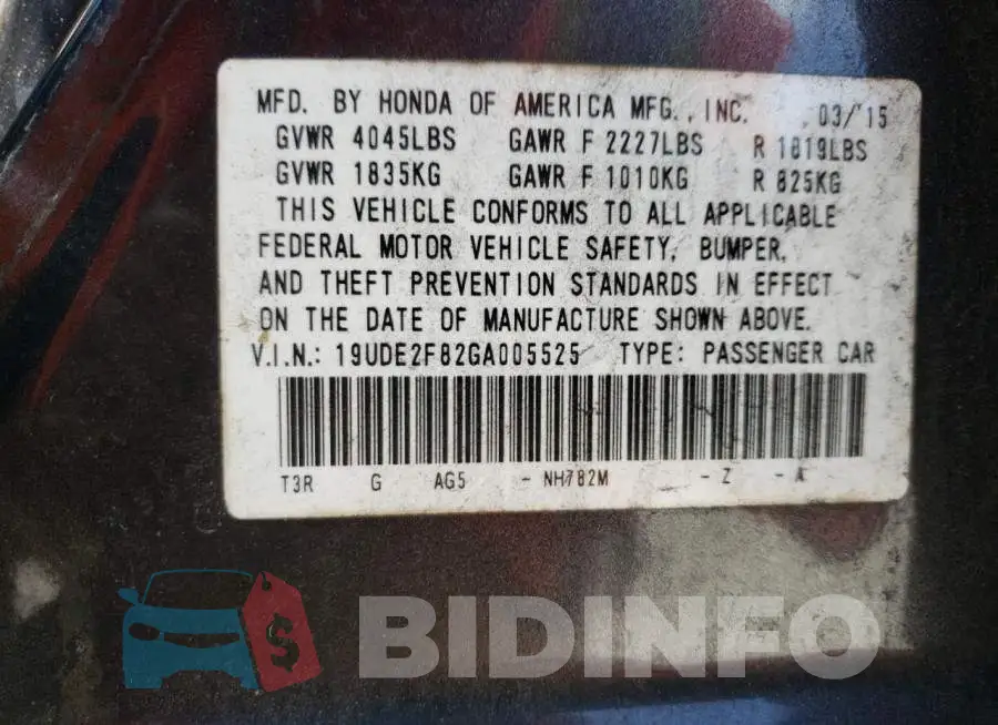 19UDE2F82GA005525 Photo# 10